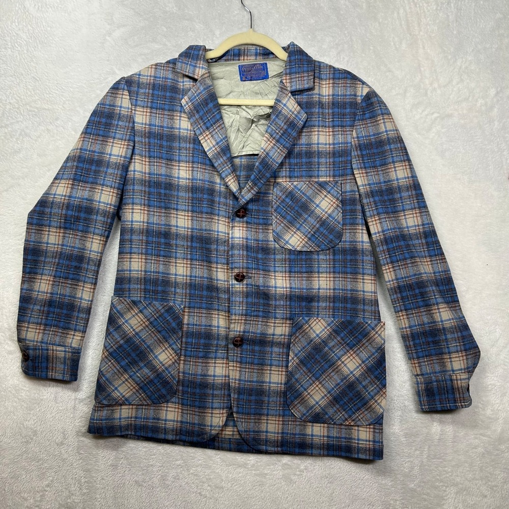 VTG Pendleton Woolen Mills Wool Blazer Mens Blue Brown Plaid 3 Button Jacket - M